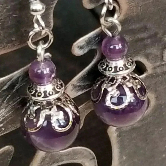 Victorian Lace Amethyst Gemstone Drop Earrings - Picture 1 of 4
